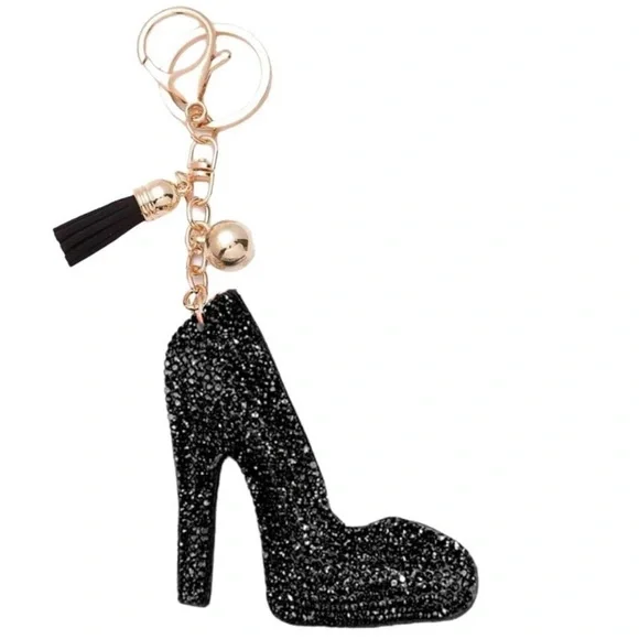 NWT rhinestone puffy black heels keychain purse charm crystal - Picture 1 of 1